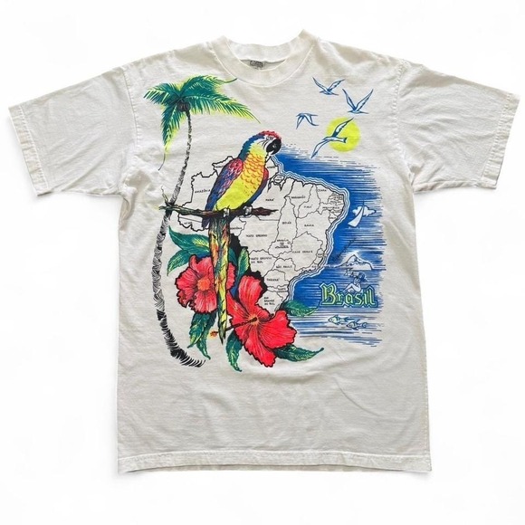 The Unbranded Brand Other - Vintage 90s Brazil Neon Parrot Nature Art Graphic Retro T-shirt L 21x29.5